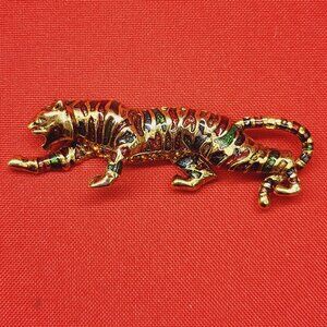 Vintage Antiqued Gold Tone Enamel Rhinestone Leopard Tiger Brooch Pin
